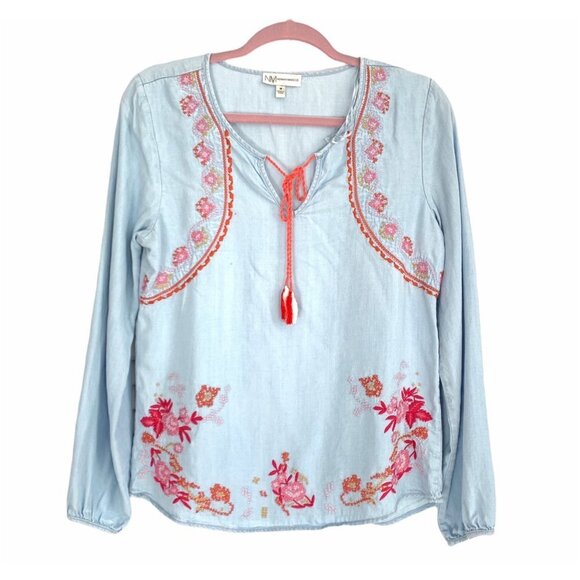 Neiman Marcus peasant Boho Embroidered  Tencel Top M - Picture 1 of 11